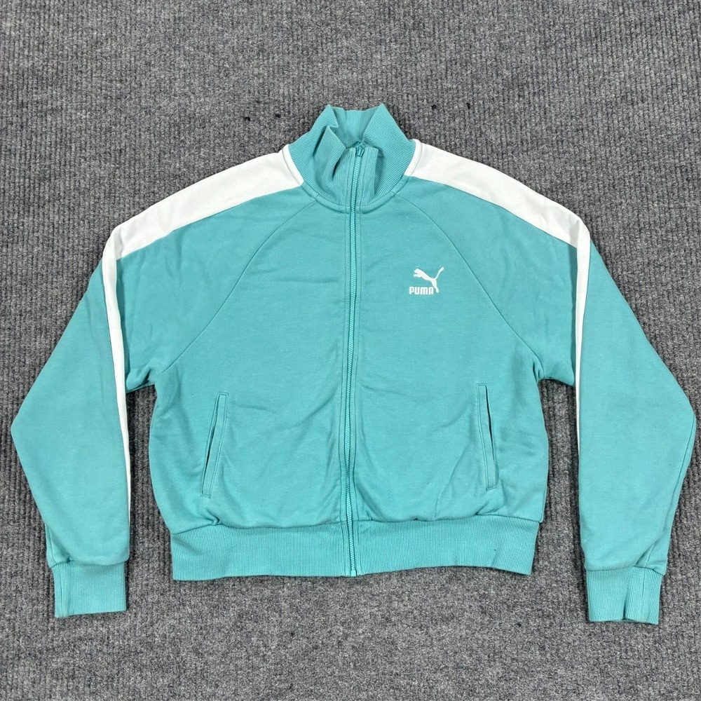 Puma Track Jacket Mens Size Large Full Zip Aqua White Athletic Long Sleeve